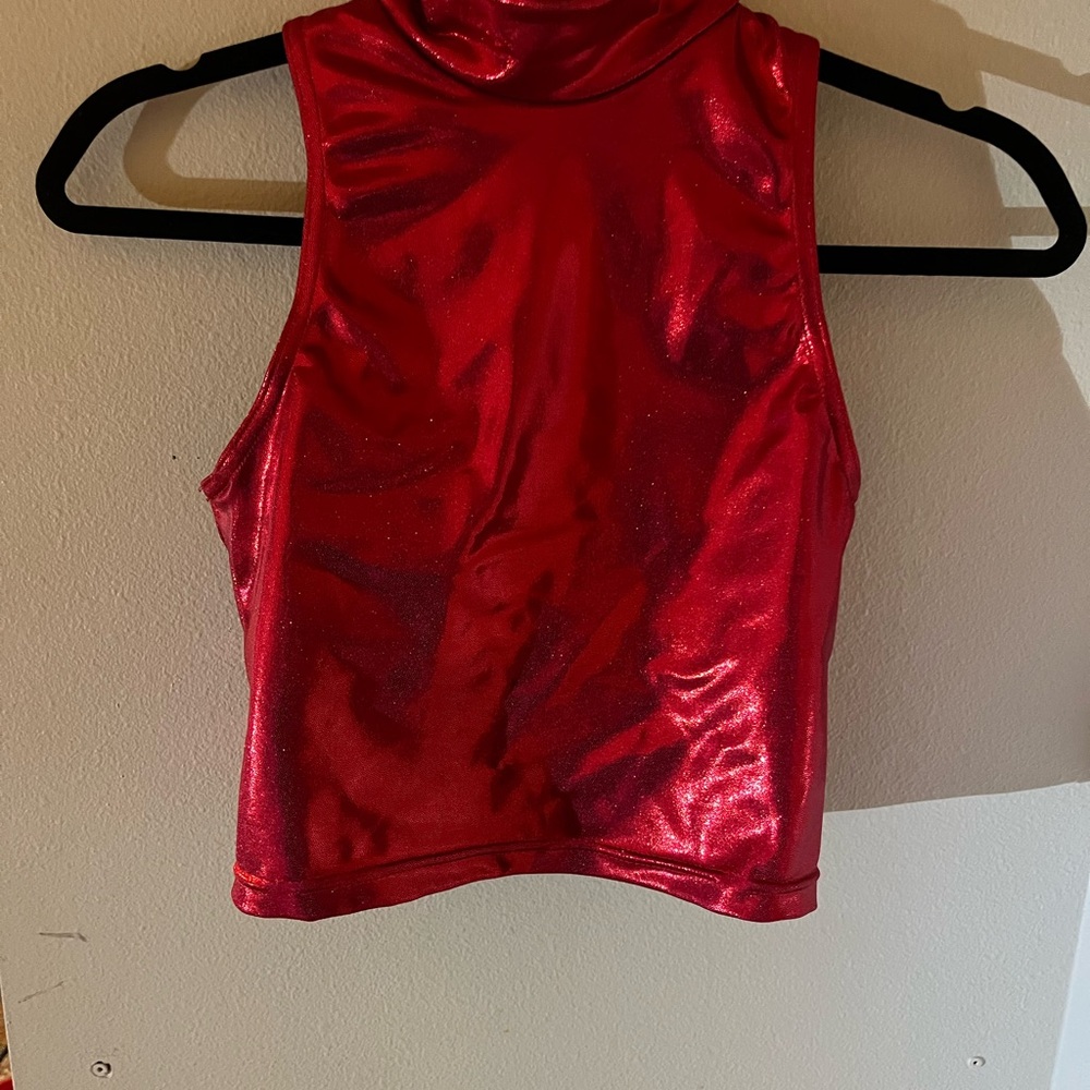 ADULT SMALL dance costume red top, black bottoms, and a black jacket